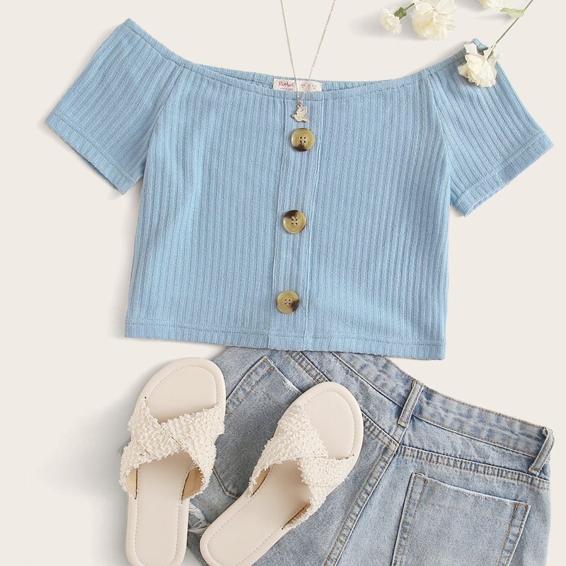 

Ribbed Button Front Blue Tee