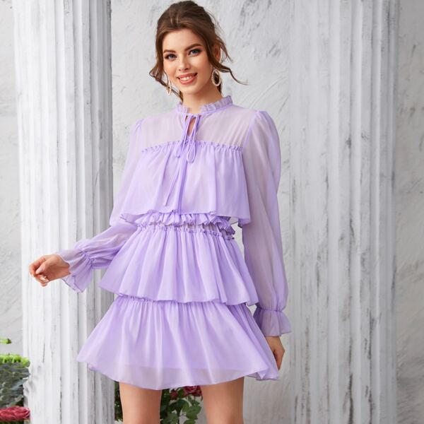

Tie Neck Frill Trim Layered Ruffle Hem Dress, Purple pastel