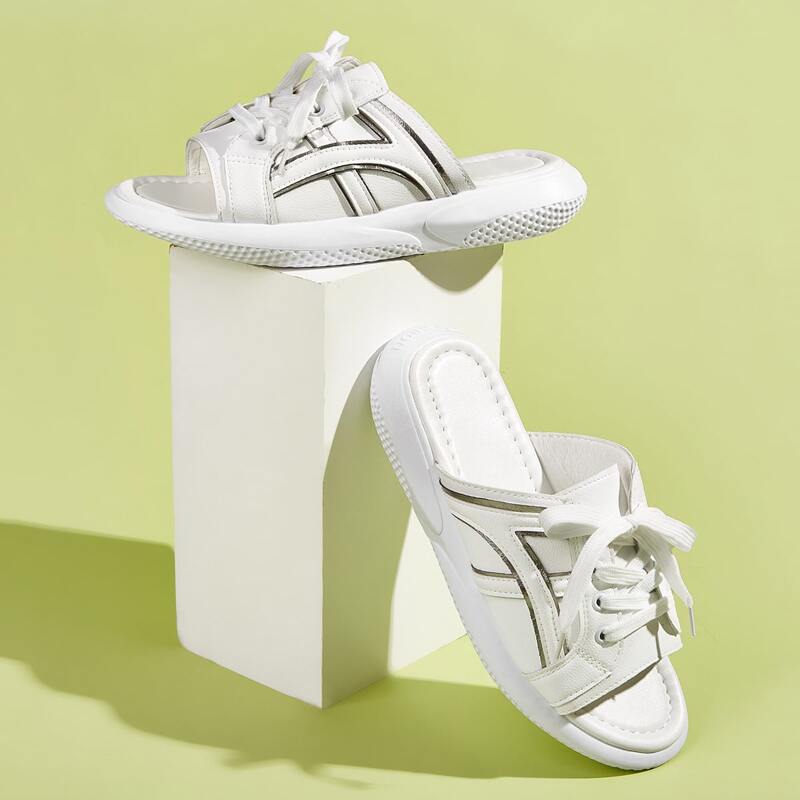 

Lace-up Front Open Toe Sliders, White