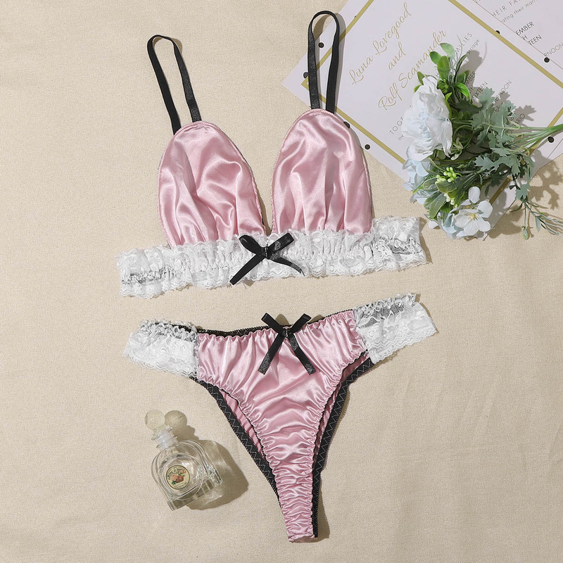 

Lace Trim Satin Lingerie Set, Baby pink