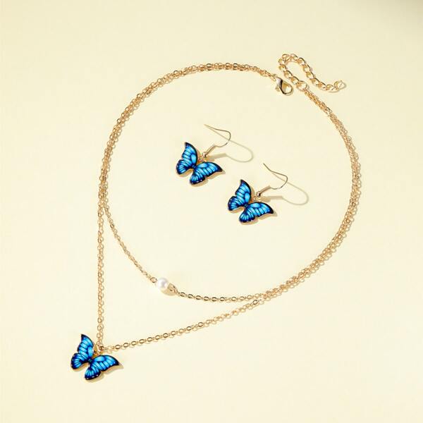 

1pc Girls Butterfly Charm Necklace & 1pair Earrings, Multicolor