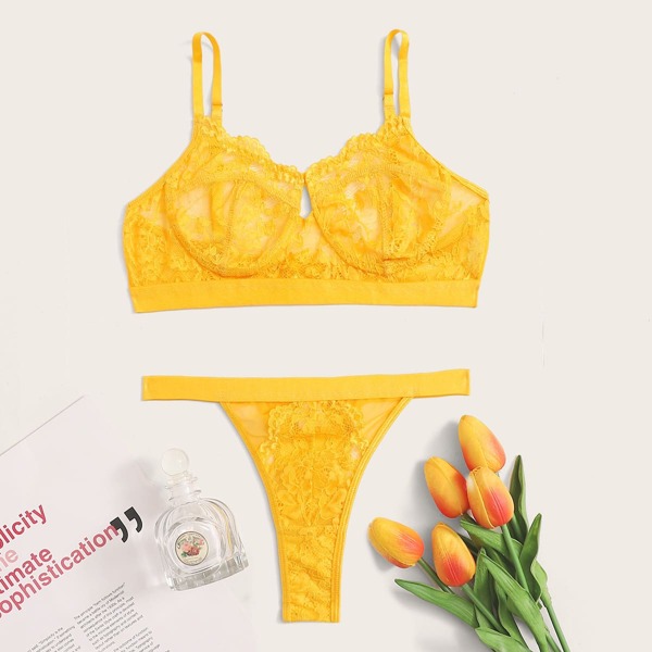 

Floral Lace Thong Lingerie Set, Yellow