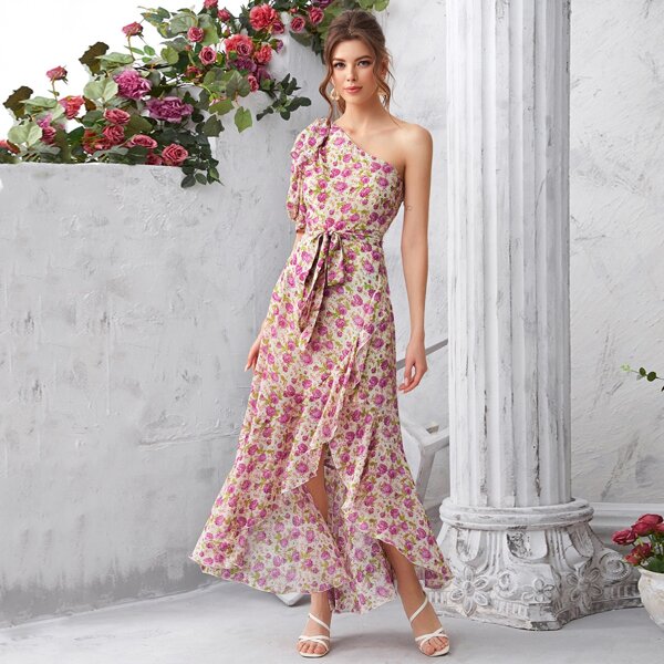 

One Shoulder Ruffle Hem Floral Print Dress, Multicolor