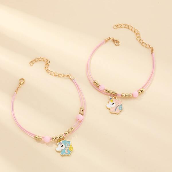 

2pcs Girls Unicorn Charm Bracelet, Pink