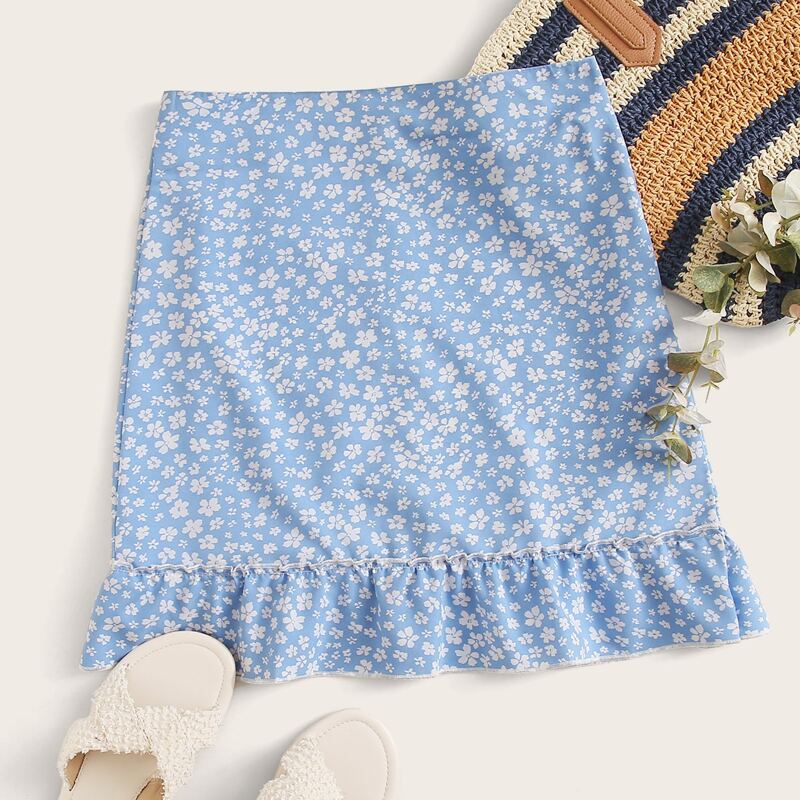

Ditsy Floral Ruffle Hem Skirt, Blue