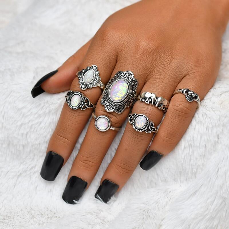 

7pcs Bohemian Engraved Ring, Silver