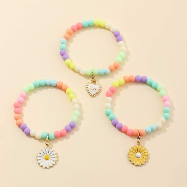 

3pcs Girls Flower Charm Beaded Bracelet, Multicolor