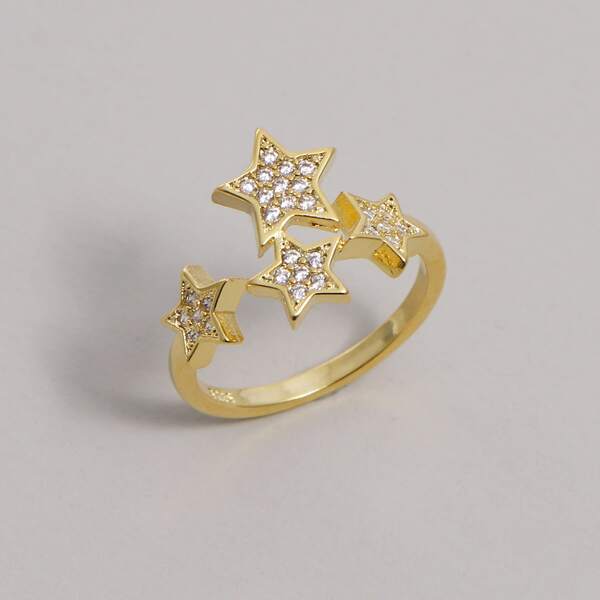 

Rhinestone Engraved Star Decor Ring, Gold