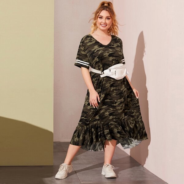 

Plus Striped Sleeve Ruffle Hem Camo Print Dress Without Bag, Multicolor