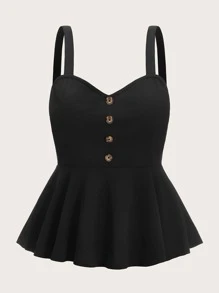 SHEIN MOD Plus Buttoned Front Peplum Cami Top - Black - View 1