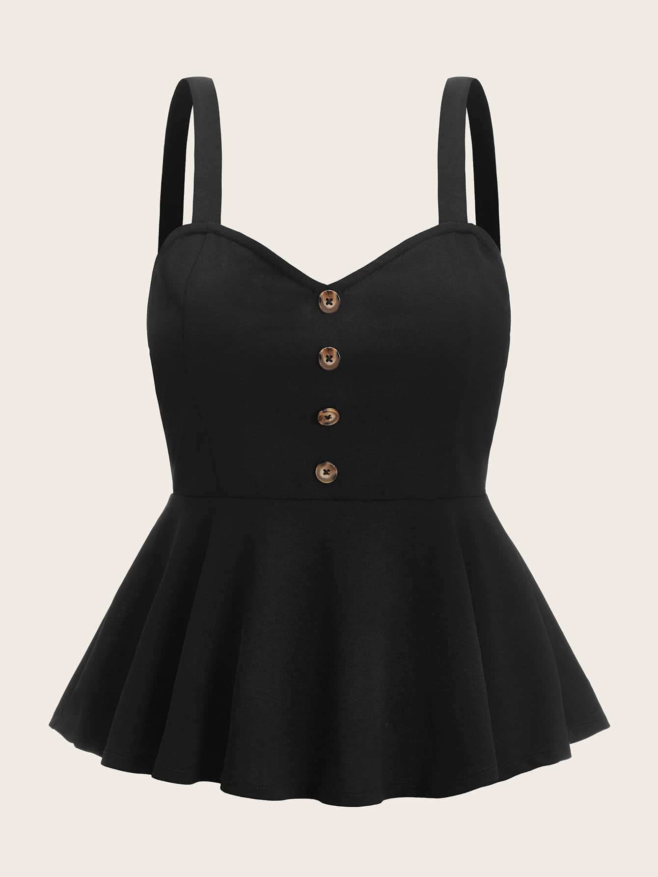 SHEIN MOD Plus Buttoned Front Peplum Cami Top - Black - View 1