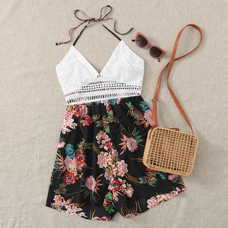 

Halterneck Lace Trim Floral Combo Romper, Multicolor