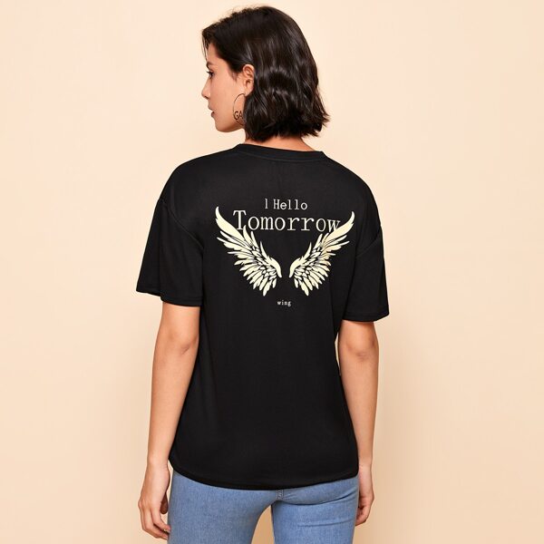 

Slogan And Wings Print Tee, Black