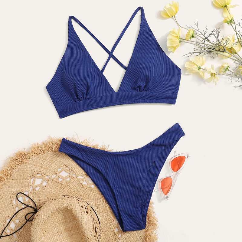 

Rib Criss Cross Bikini Swimsuit, Blue