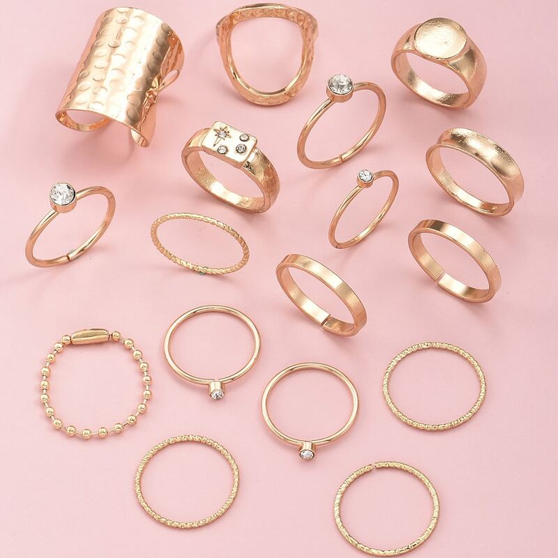 

17pcs Rhinestone Engraved Ring, Gold
