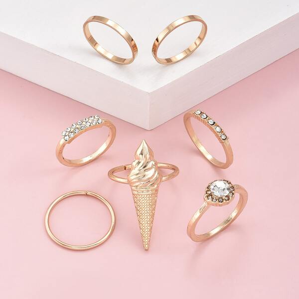 

7pcs Rhinestone Decor Ring, Gold