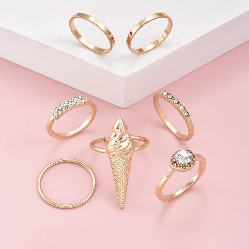

7pcs Rhinestone Engraved Ring, Gold
