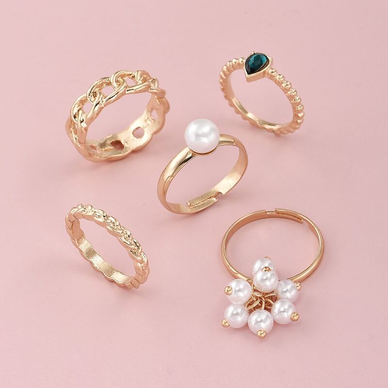 

5pcs Faux Pearl Decor Ring, Gold