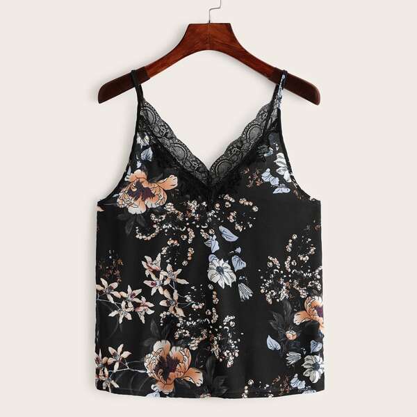 

Lace Trim Floral Print Cami Top, Black