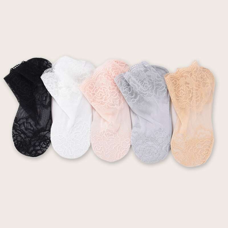 

5pairs Lace Mesh Socks, Multicolor