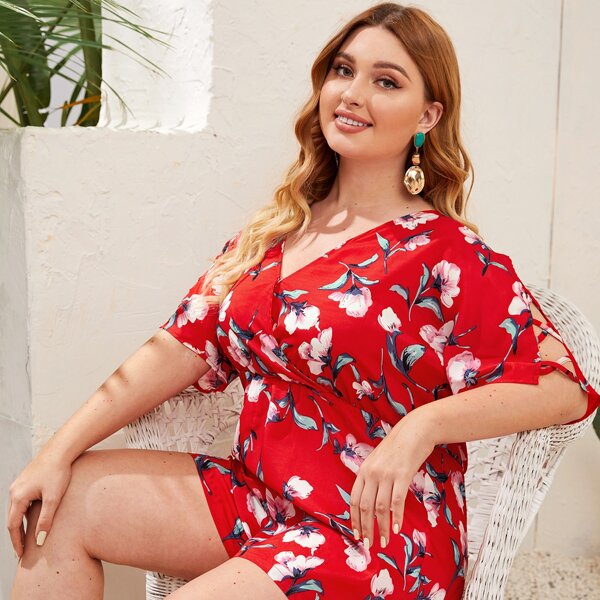 

Plus Floral Print Batwing Sleeve Romper, Red