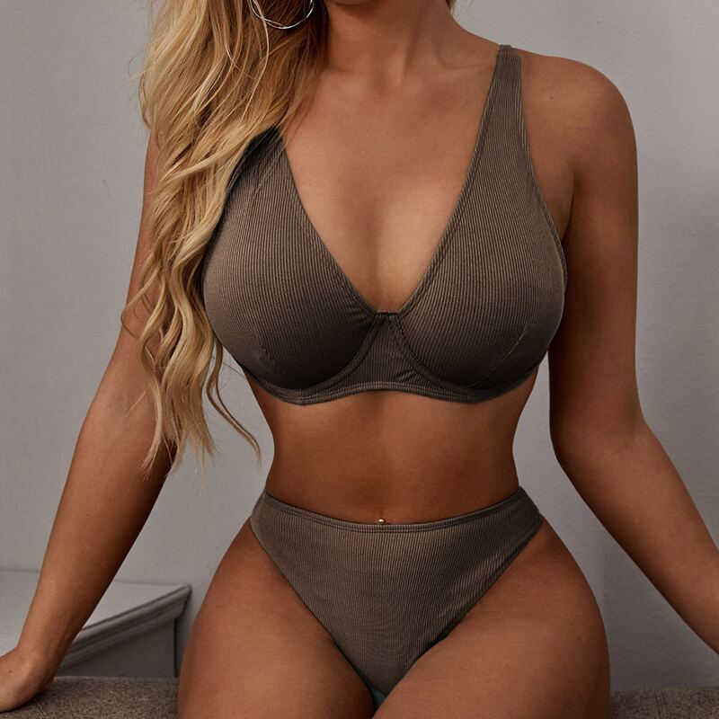 

Rib Underwire High Cut Bikini Swimsuit, Khaki