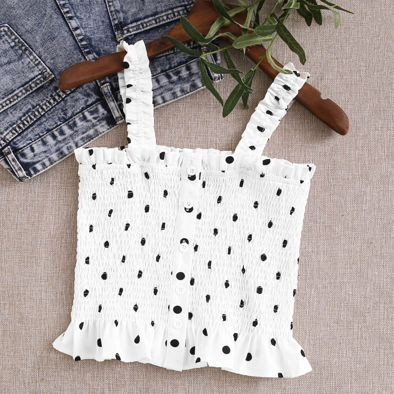 

Polka Dot Button Front Shirred Top, White