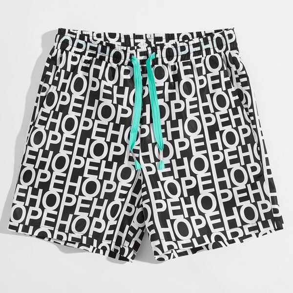 

Men Drawstring Waist Letter Graphic Wind Shorts, Black and white