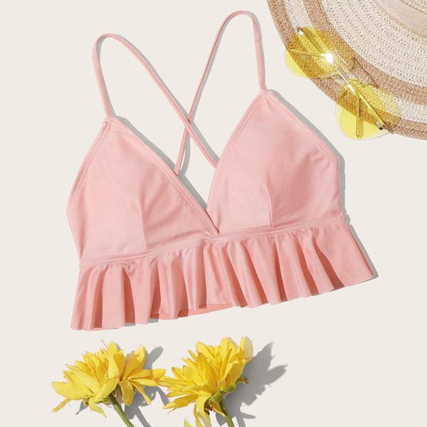 

Crisscross Ruffle Hem Bikini Top, Pink