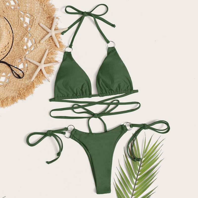 

Ring Triangle Tie Side Bikini Swimsuit, Army green