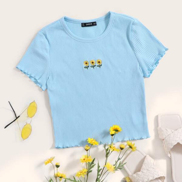 

Sunflower Embroidered Lettuce Edge Rib-knit Tee, Blue