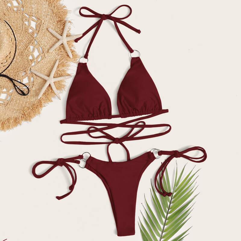 

Ring Triangle Tie Side Bikini Swimsuit, Burgundy
