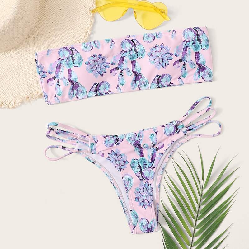 

Plant Print Cut-out Bandeau Bikini Swimsuit, Pink