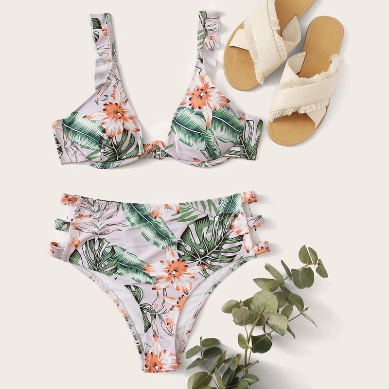 

Tropical Cut-out Underwire Bikini Swimsuit, Multicolor