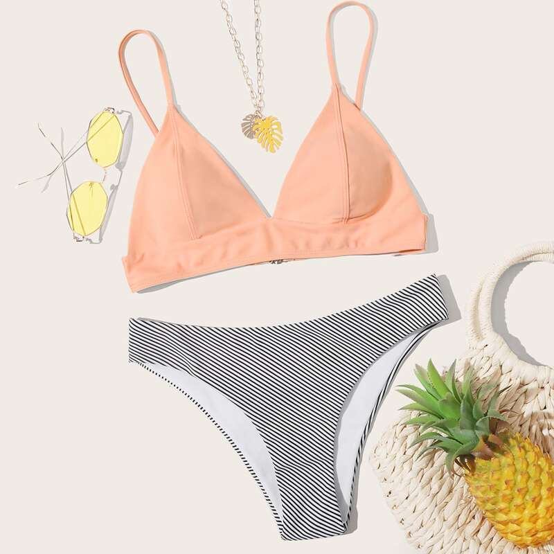 

Striped Triangle Low Rise Bikini Swimsuit, Multicolor