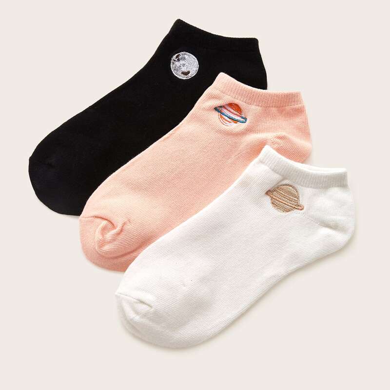 

3pairs Planet Embroidery Socks, Multicolor