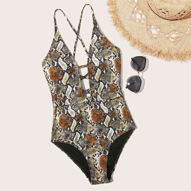 

Snakeskin Plunging One Piece Swimsuit, Multicolor