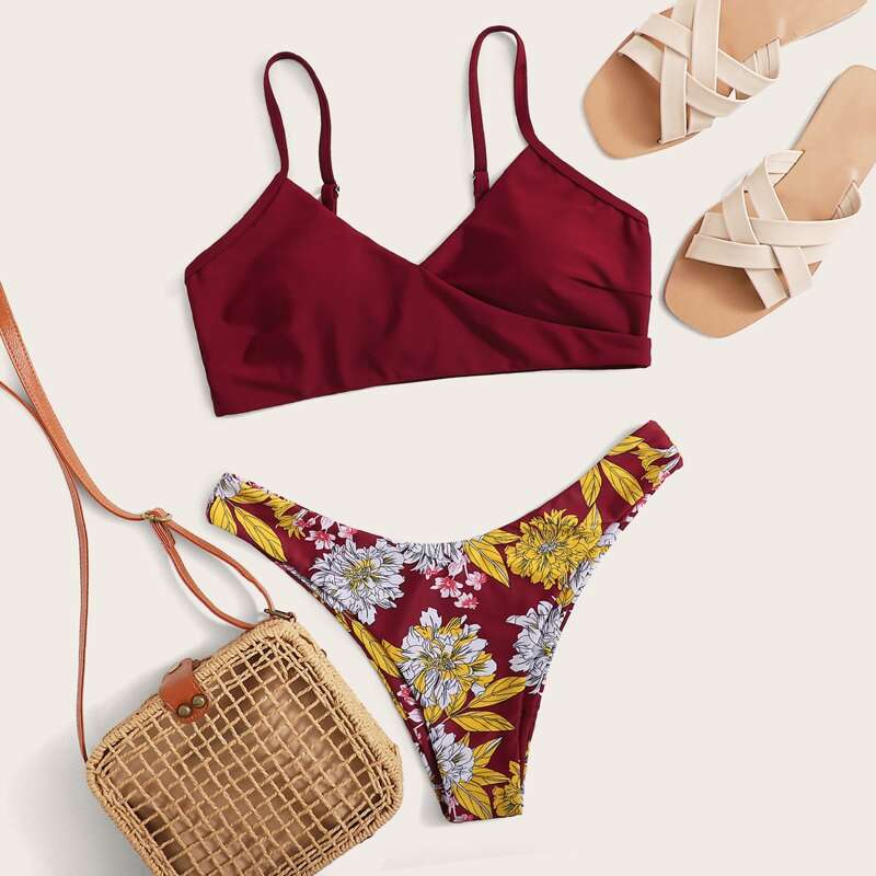

Floral Wrap High Leg Bikini Swimsuit, Multicolor