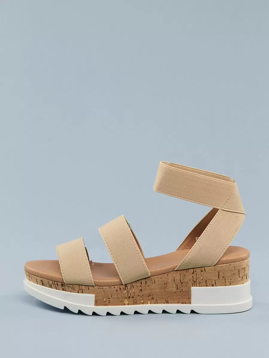 Cork Platform Lug Sole Stretch Strappy Sandals - Apricot - View 1