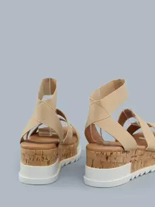 Cork Platform Lug Sole Stretch Strappy Sandals - Apricot - View 4
