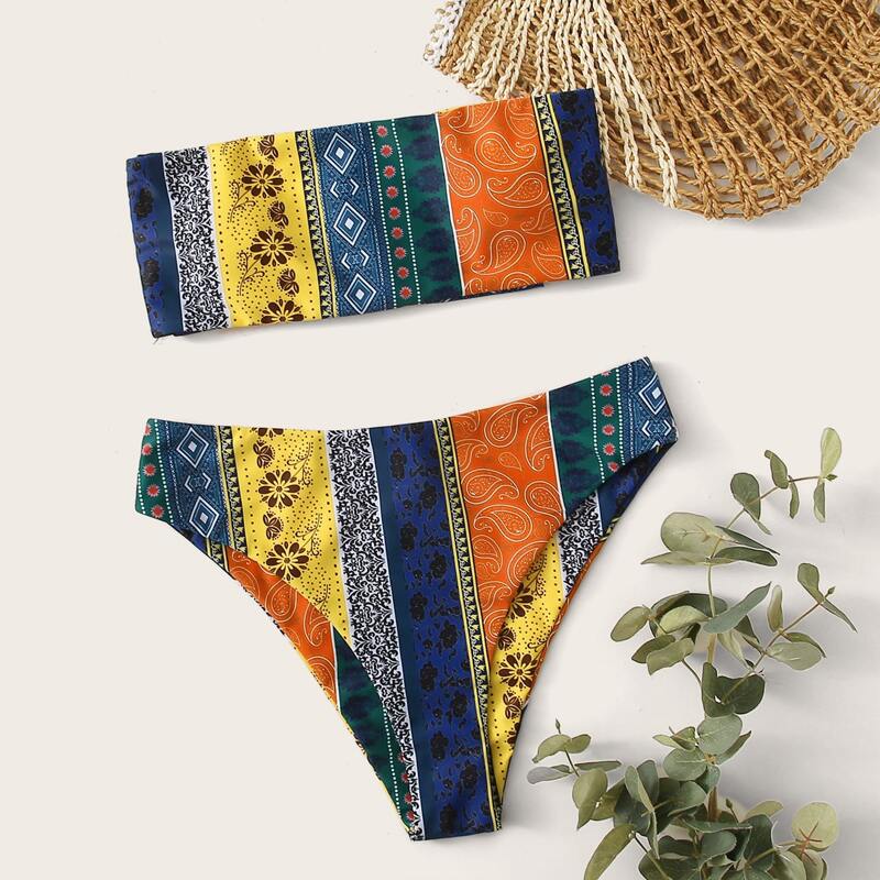 

Tribal & Paisley Bandeau Bikini Swimsuit, Multicolor