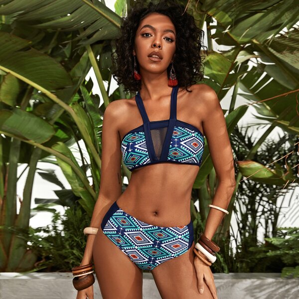

Aztec Print Contrast Mesh Bikini Swimsuit, Multicolor