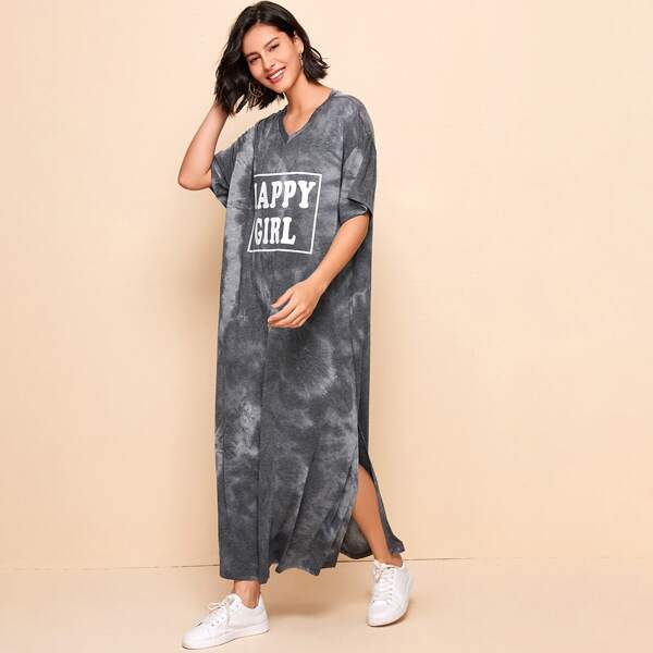 

Drop Shoulder Slit Hem Slogan Graphic Dress, Grey