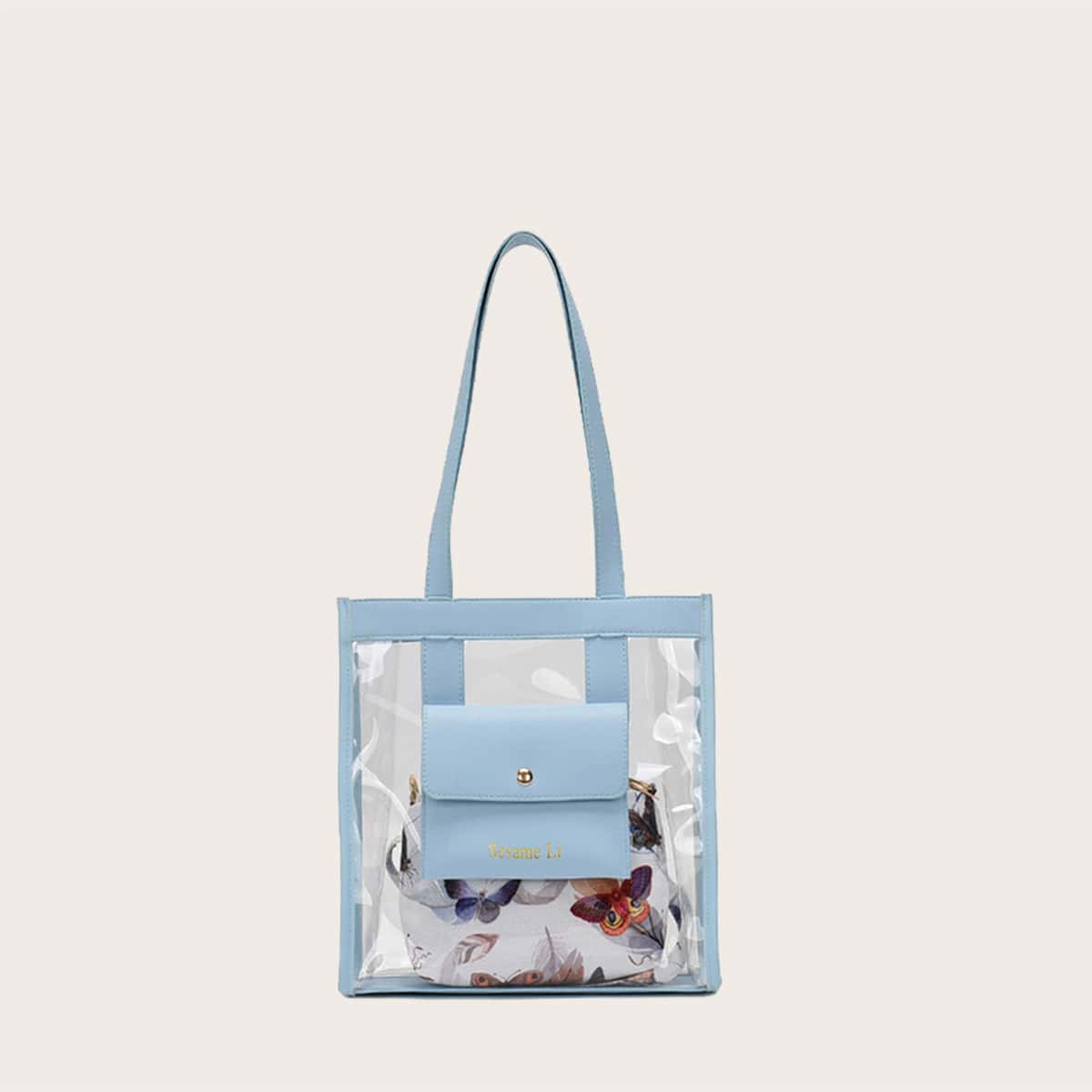 

2pcs Clear Tote Bag With Butterfly Print Crossbody Bag, Blue