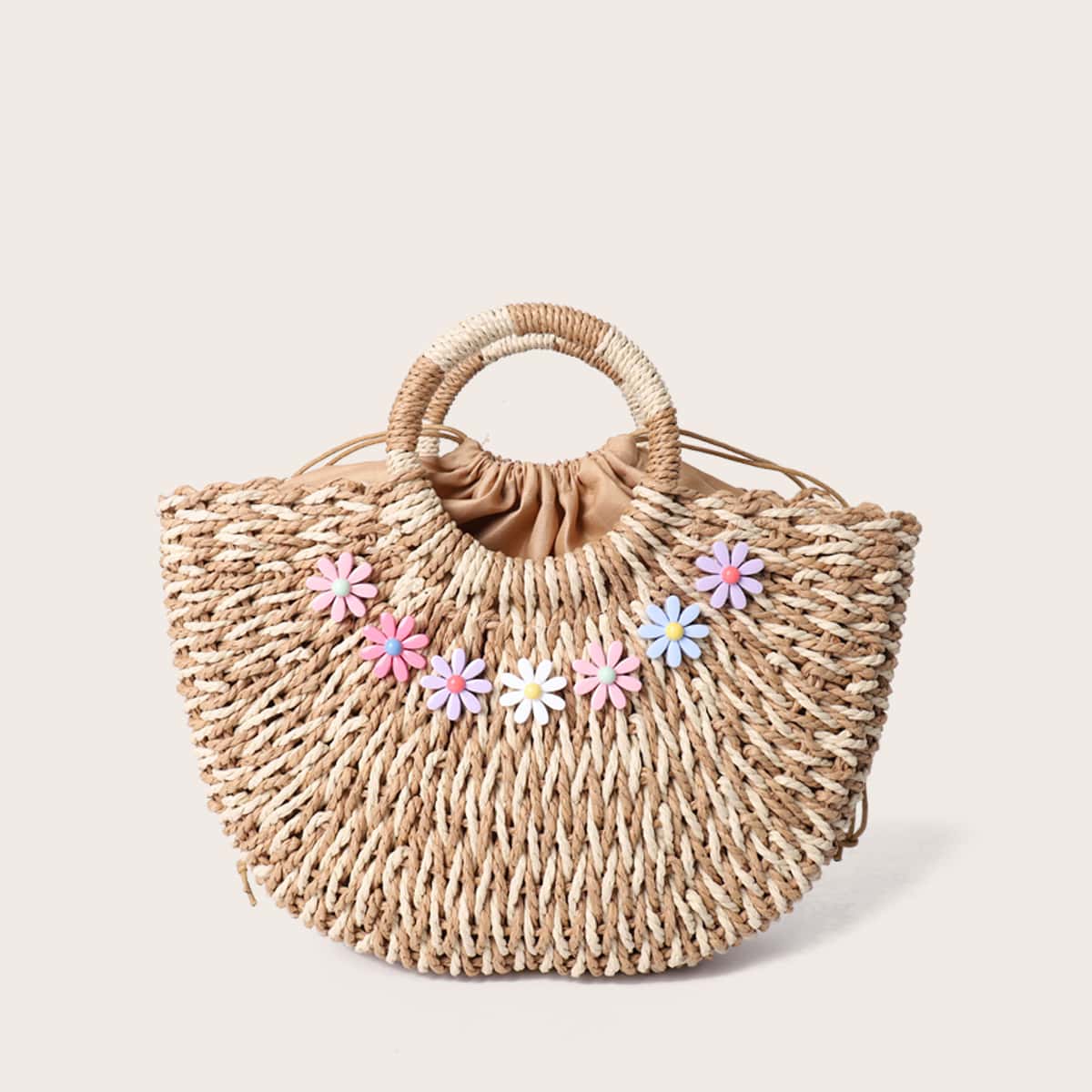 

Flower Decor Woven Tote Bag, Khaki