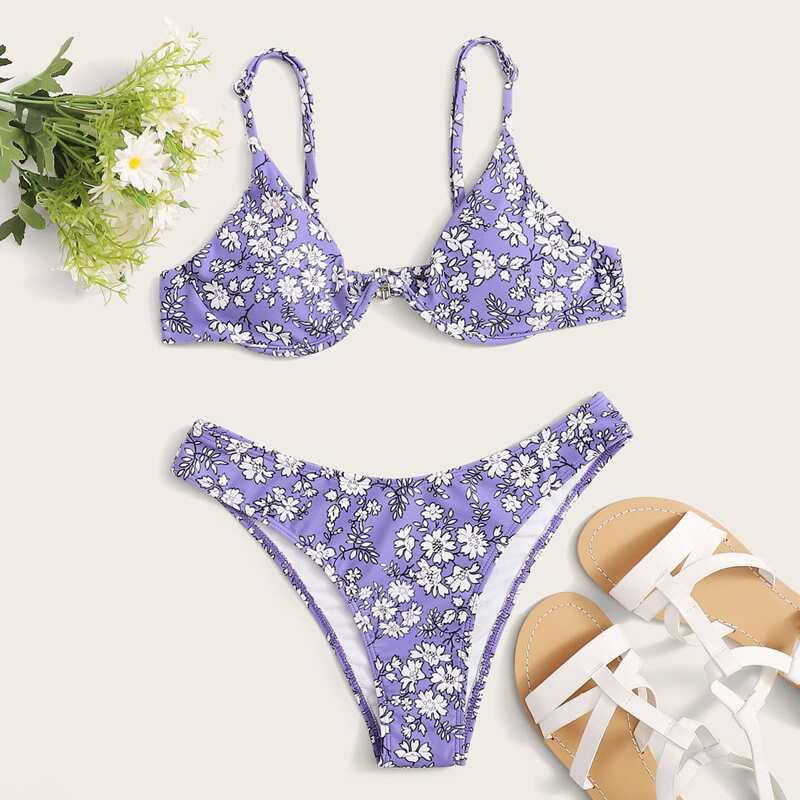 

Ditsy Floral Push Up Bikini Swimsuit, Purple