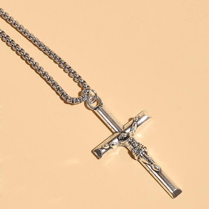 

Guys Cross Charm Necklace, Silver