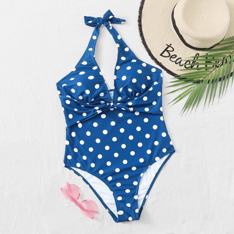 

Polka Dot Tie Front One Piece Swimsuit, Blue
