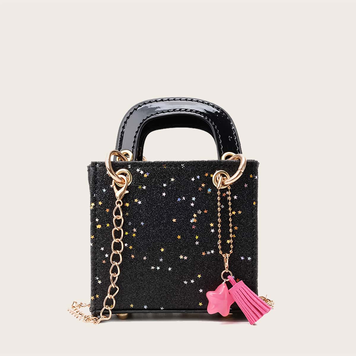 

Mini Star Sequins Decor Satchel Bag With Bag Charm, Black