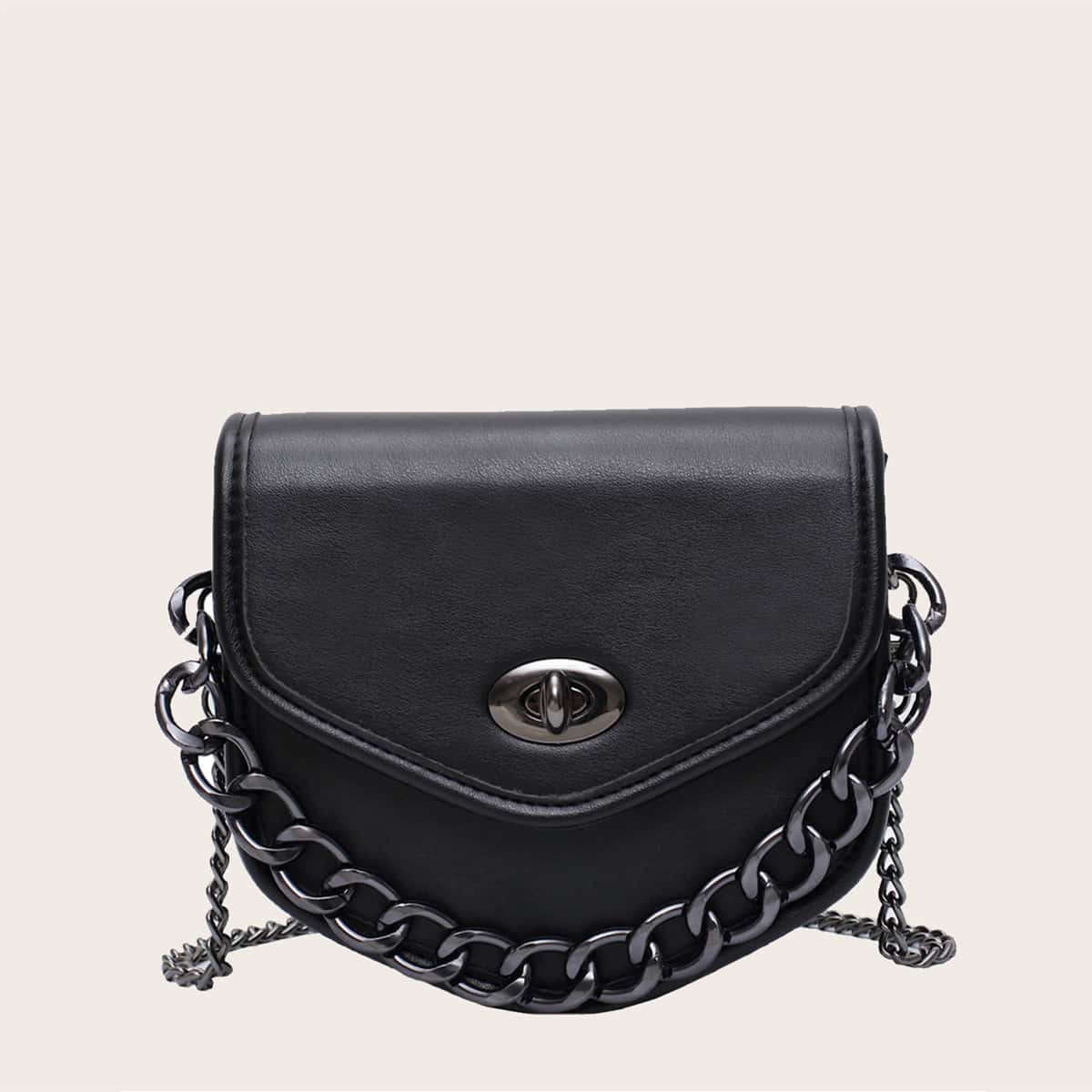 

Chain Handle Flap Satchel Bag, Black